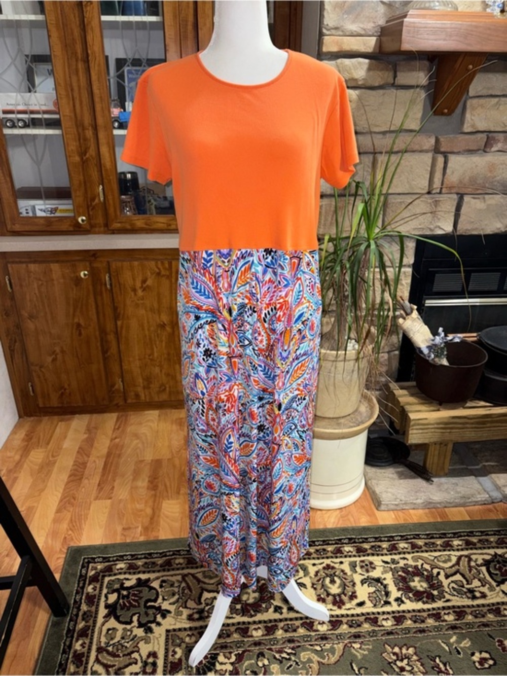 Bright Orange short sleeve Top with Multicolor Paisley Maxi Skirt one piece